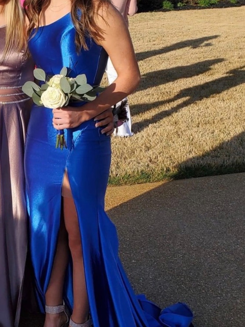 Alyce Paris, Royal Blue One-Shoulder Satin Gown with Slit, Size 00